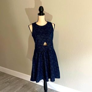 Navy blue and silver skater dress with tummy cut-out